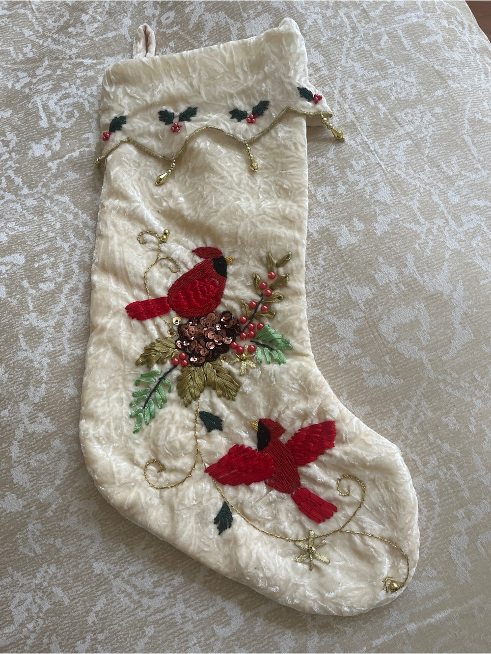Vintage Christmas velvet stocking cardinals beaded embroidery sequin